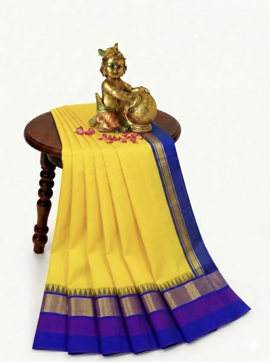 Lime Green with Maroon Gold Border Korvai Cotton Saree